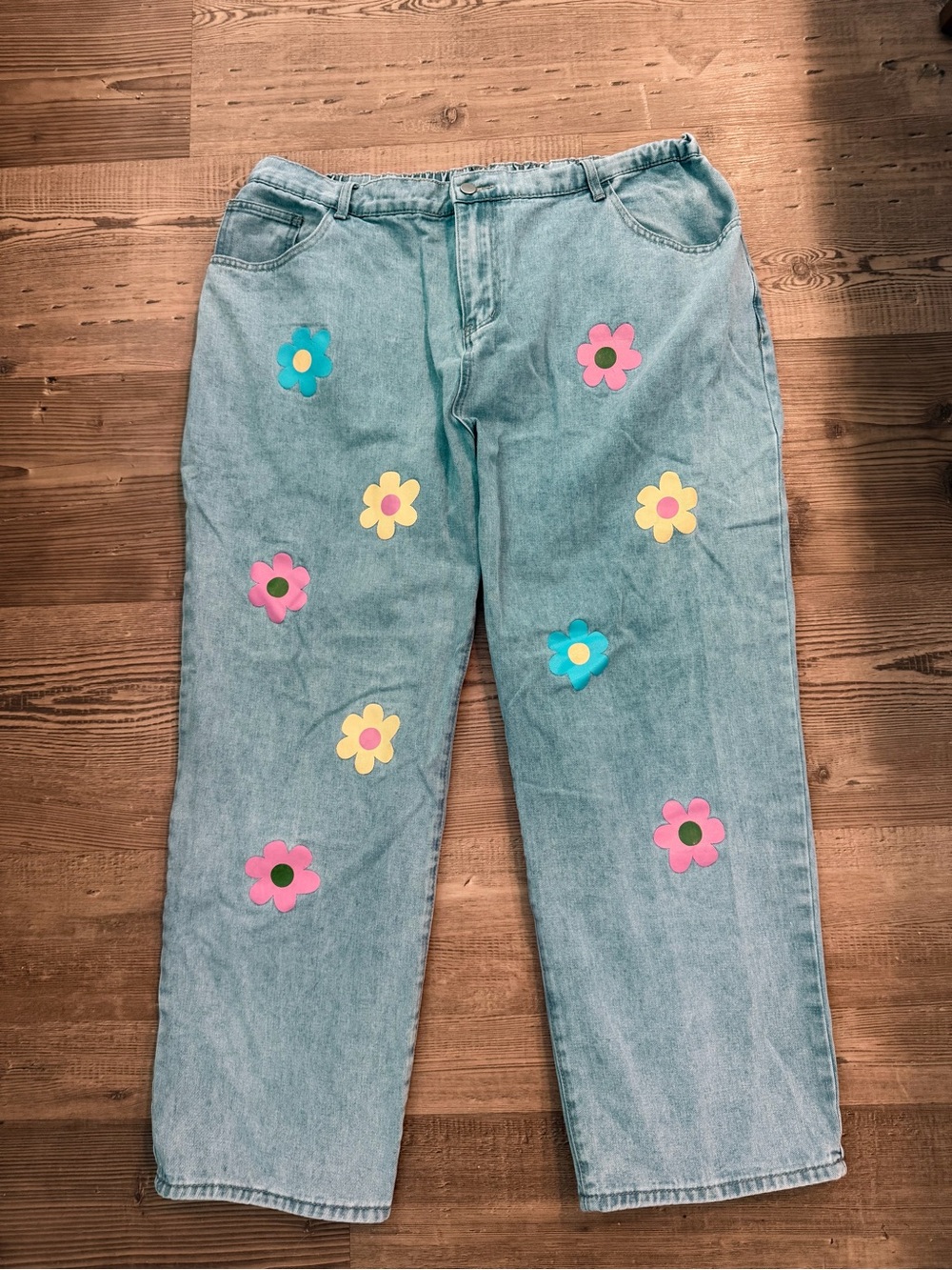 SHEIN Light Blue Denim Wide-Leg Jeans with Pink, Yellow & Teal Flower Appliqués